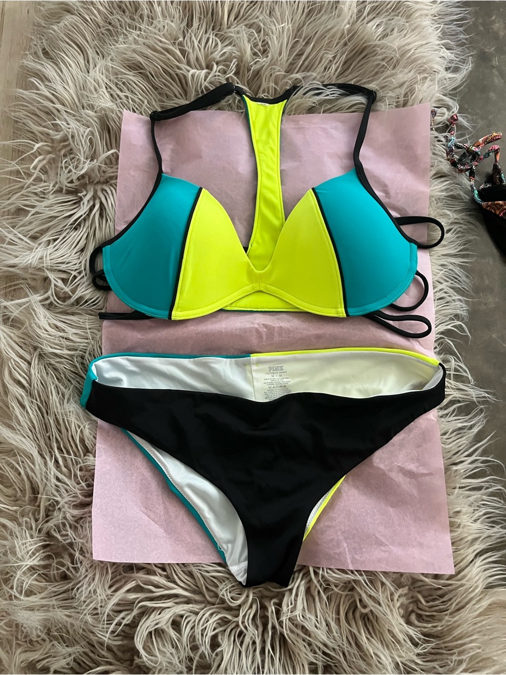 PINK Victoria's Secret Neon Yellow, Teal & Black Colorblock Push-Up Bikini